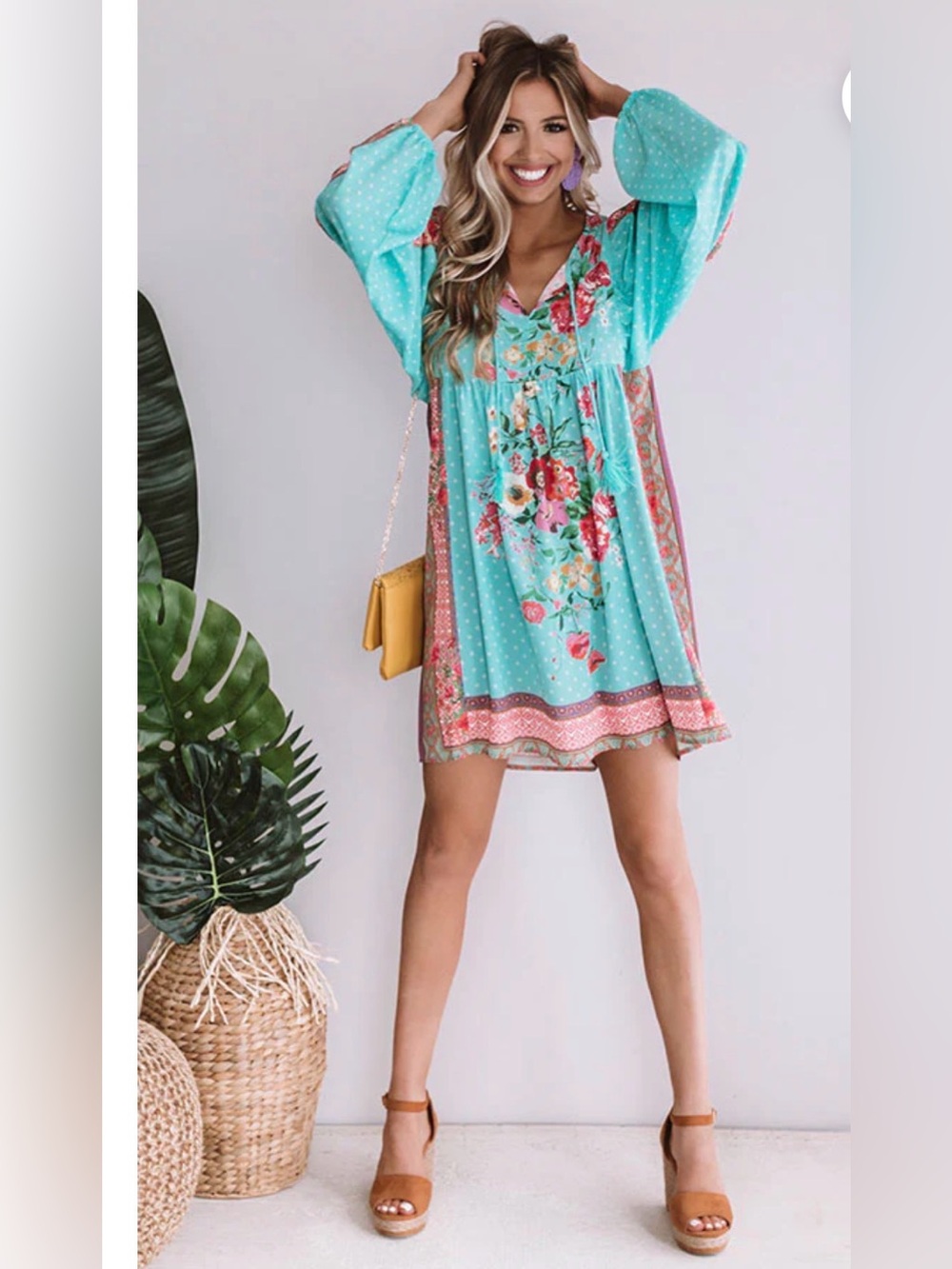 UMGEE Cottagecore Sips And Sights Floral Babydoll Dress in Ocean Wave Size L